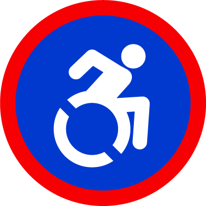 Icon of person in a wheelchair on a blue circle background with a red border